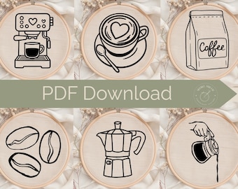 Coffee Lover Hand Embroidery Pattern Set – Beginner Kitchen Decor (PDF Download)