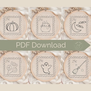 Halloween Stamp Embroidery Pattern Bundle: Spooky Stamps Hand Stitch Designs (Digital Download)