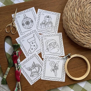 Pegatinas de bordado con sellos navideños / 6 patrones navideños para pegar y coser / Despegar y coser / Estabilizador soluble en agua / Para principiantes