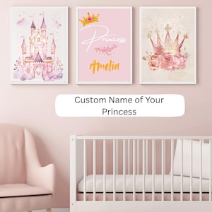Princess Nursery Wall Art Set of 3 | Personalized Baby Name Print, Pink Castle Poster, Crown with Flowers | Girl Room Decor