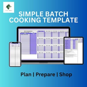 Puede incluir: Una plantilla digital para cocinar por lotes que se muestra en una computadora portátil, una tableta y un teléfono inteligente. La plantilla presenta un esquema de color púrpura y blanco con el texto "SIMPLE BATCH COOKING TEMPLATE". La imagen también incluye el texto "Plan | Prepare | Shop".
