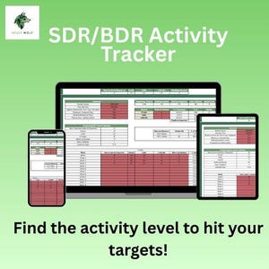 Op de afbeelding: Een afbeelding van een laptop, tablet en smartphone met een spreadsheet met de titel "SDR/BDR Activity Tracker". De apparaten staan op een groene achtergrond met de tekst "Find the activity level to hit your targets!" en het Sheet Wolf logo.