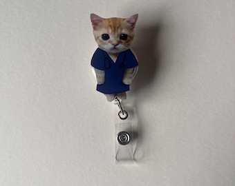 Carrete de credencial retráctil con meme divertido de gato con uniforme médico, bonito clip para credencial de enfermera, regalo para enfermera pediátrica.