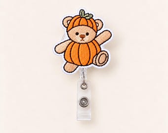 Haftowana odznaka z misiem dyniowym, wymienny uchwyt na identyfikator z rzepem, prezent dla pielęgniarki na Halloween, uchwyt na identyfikator pielęgniarki, jesienny pracownik służby zdrowia