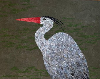 Heron in Green Waves - original paper collage