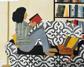 Cozy Companions - original paper collage art - wall art