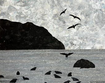 Coastal Clouds -  12x12 original mixed media collage  - wall art