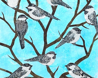 Chickadees - 14x14 original mixed media collage