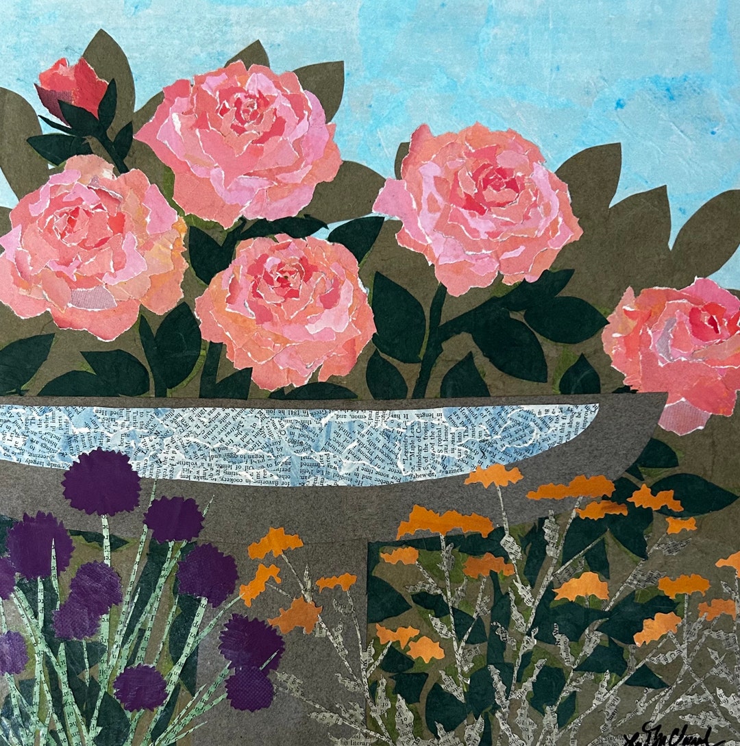 Apricot Roses With Yarrow and Chives Mixed Media Art Original Art Etsy