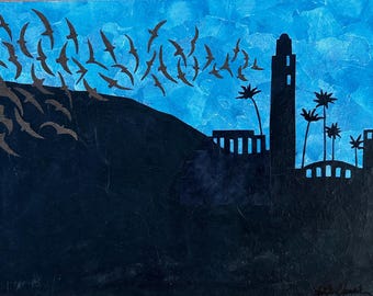 Blue Moroccan Sky - 12x16 original mixed media collage art - wall art