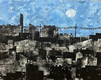 Nightscape - 11x14 original mixed media collage - paper art