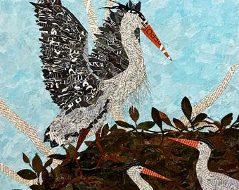 The Heronry - 18x18 original mixed media collage