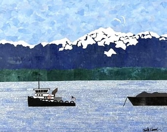 Harbor Tow - original mixed media collage -16x20  wall art