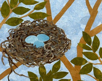 The Blessing - 14x11 original mixed media collage - birds nest