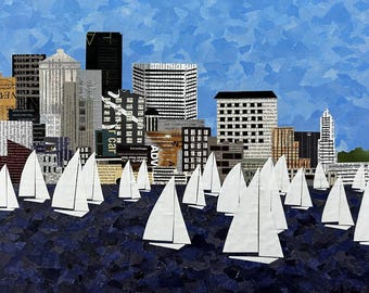 Elliott Bay Regatta #3 - original mixed media collage 16x20 - wall art