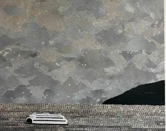 Ferry in Winter - original paper collage - mixed media