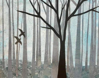 Woodland Magic - 12x12 original mixed media collage - paper art