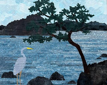 Shore Pine with Heron - 12x12 original mixed media collage art - wall art
