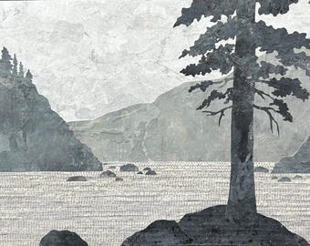 Salish Sea #9 - original mixed media collage art 12x24 wall art