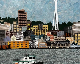 Elliott Bay Beauty - original mixed media collage 20x16 - wall art