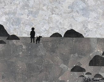 Beach Walk - 9x12 original mixed media collage art - wall art