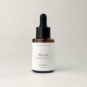 May include: A brown glass bottle of Nectar anti-aging serum with a black dropper. The label reads "EDEN WILD" and "Nectar Bakuchiol + Vitamin C". The bottle contains 1 oz (30 ml) of product.