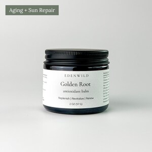 May include: A dark amber glass jar with a black screw-top lid, featuring a white label that reads Edenwild Golden Root antioxidant balm, Replenish | Revitalize | Renew, and 2 OZ (57 G). The text Aging + Sun Repair appears above the jar.