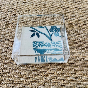 Square Acrylic Tray with Laminated Fabric - &quot;Tea House&quot; in Blue