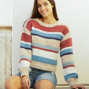 Boho Striped Knitting Pattern Oversized Color Block Crewneck Sweater Tutorial Digital Download PDF