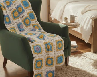 CROCHET PATTERN | Cloudflare Hygge Burst Blanket x Hue Loco Yarn, Sunburst Granny Square, Pom Pom Border, Modern Solid Squares