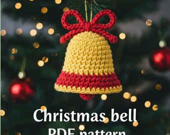May include: A handmade crochet Christmas bell ornament in yellow and red, with a red bow at the top. The bell is hanging from a green branch, with the text "Christmas bell PDF pattern" below it.