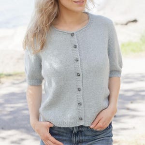 Puede incluir: Un cárdigan azul claro con mangas cortas y cierre de botones en la parte delantera. El cárdigan está hecho de una tela de punto suave y texturizada. Los botones son de color gris oscuro. La modelo lleva vaqueros azules.