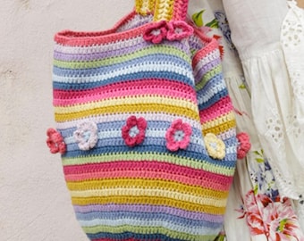 Colorful Striped Crochet Tote Bag with Floral Appliqués, Handmade Boho Summer Shoulder Bag