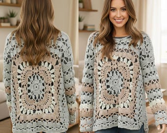 Crochet Boho Sweater Pattern – Oversized Lacy Granny Square Pullover PDF, Easy Cozy Tutorial