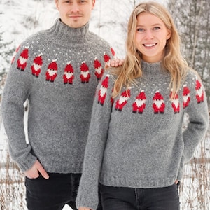 May include: Two grey turtleneck sweaters featuring a repeating pattern of red and white gnome figures across the chest. The sweaters are made of a textured knit fabric. The background is a snowy outdoor scene.