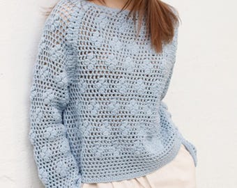 Guia de Crochê para Suéter de Crochê com Ponto Floral em Pipoca (PDF) - Modelo de Suéter com Renda em Tela - Download Digital