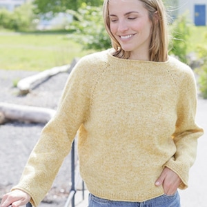 Easy Knit Sweater Pattern Top Down Raglan Yellow Jumper DIY Women Knitting Pattern PDF