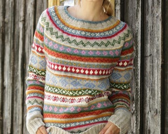 Handmade Fair Isle Knitting Pattern Colorful Wool Sweater Design DIY Digital Instructions Guide PDF