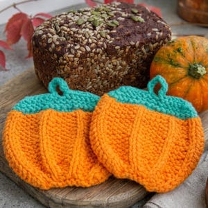 Può includere: Due presine lavorate a maglia a forma di zucca, caratterizzate da corpi arancioni vivaci con texture a coste verticali e steli verde acqua sulla parte superiore. Ogni presina include un piccolo occhiello per appenderla.