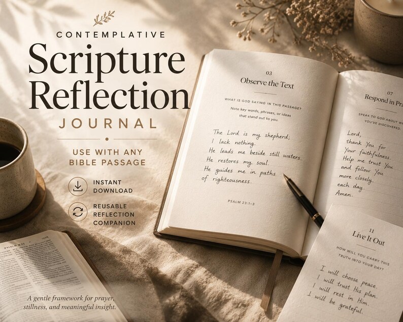以下が含まれることがあります： 「Scripture Reflection Journal」というタイトルの開いたジャーナルと「Use with any Bible passage」というテキスト。ジャーナルは手書きのテキストのあるページに開かれています。ペンがページに置かれています。コーヒーカップと別の本が背景にあります。