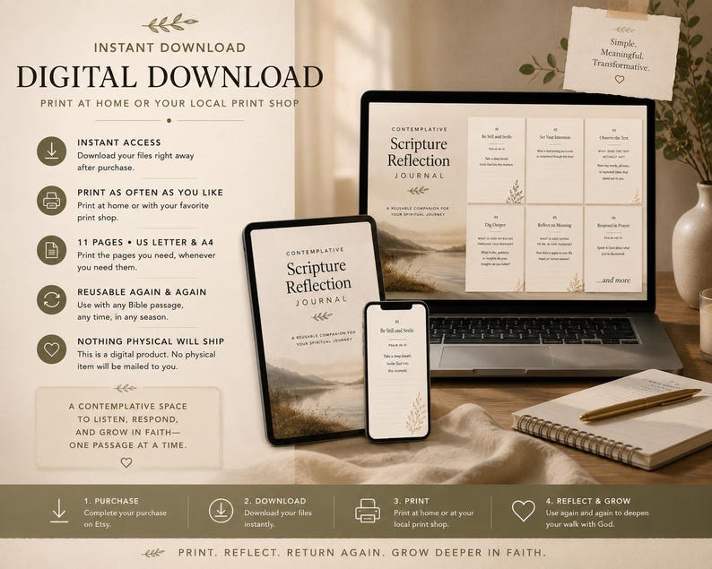 以下が含まれることがあります： 「Scripture Reflection Journal」を表示するラップトップ、タブレット、スマートフォンを備えたデジタルダウンロードの広告。画像には「インスタントダウンロード」や「自宅で印刷」などのテキストが含まれています。ノートとペンも表示されています。