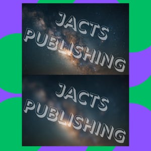 May include: An image featuring a celestial night sky with the text "JACTS PUBLISHING" in a 3D, white font. The background is a dark blue with a vibrant display of stars and galaxies. The image is framed with green and purple shapes.