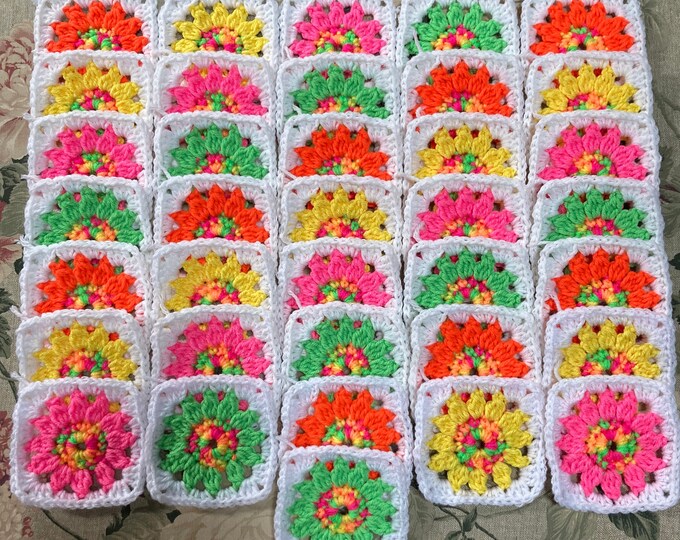36 Floral Granny Squares Crochet Blocks Crocheted Neon Brights With ...