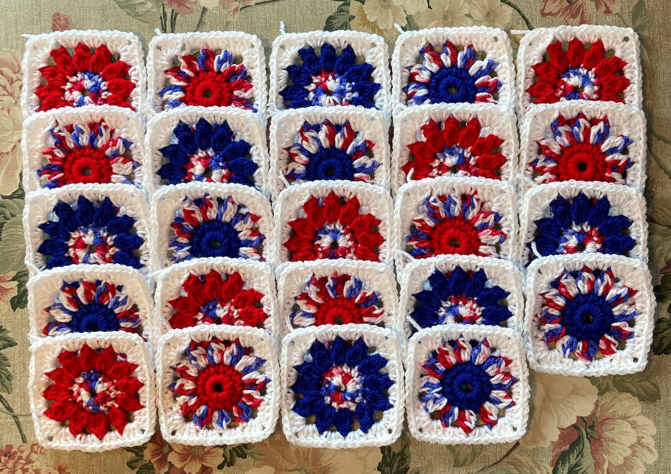 24 Floral Granny Squares Crochet Blocks Crocheted Red White Blue With ...
