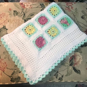 Floral Granny Square Baby Afghan Crocheted Christening Blanket White Mint Multi