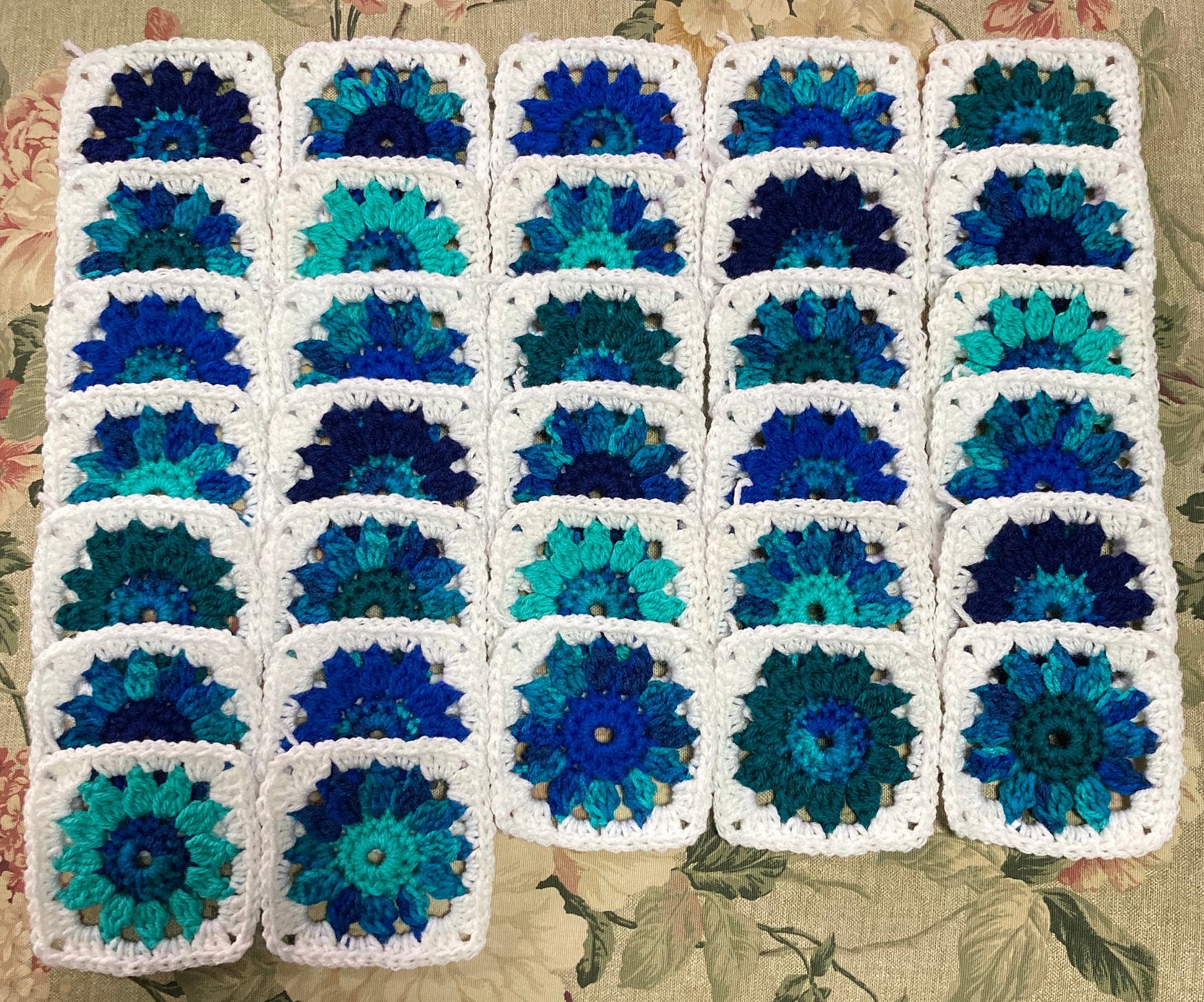32 Floral Granny Squares Crochet Blocks Crocheted Ocean Colors Blue ...