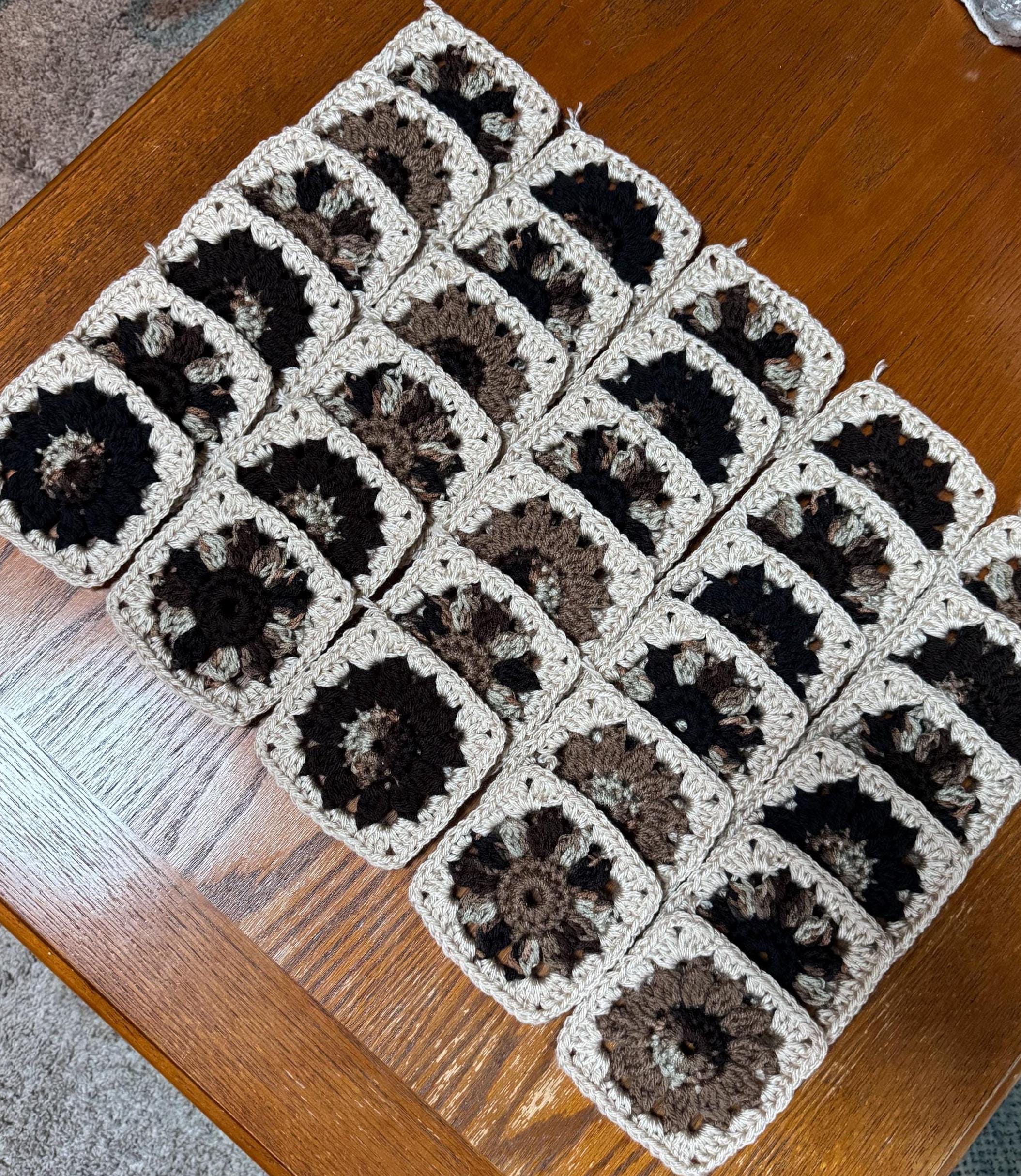30 Floral Granny Squares Crochet Blocks Neutral Colors Black Brown Tan ...