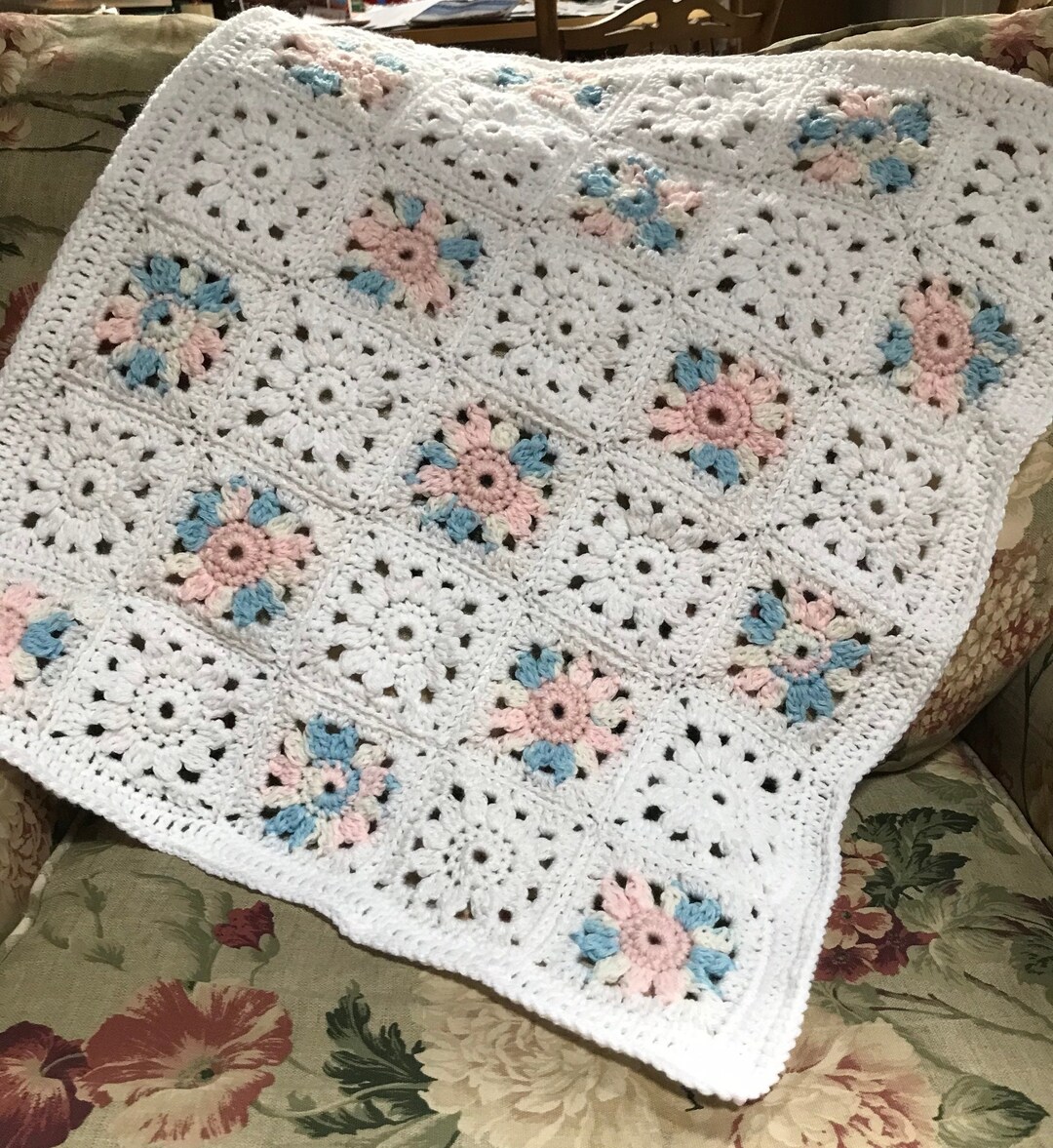 Floral Granny Squares Baby Afghan Christening Blanket White Pink & Blue