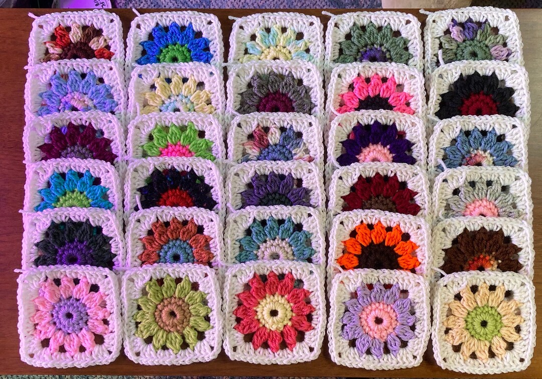 30 Bright Floral Granny Squares Crochet Blocks Crocheted Colorful With ...