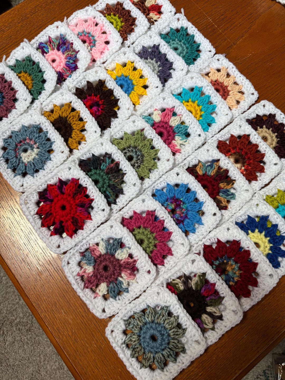 30 Colorful Floral Granny Squares Bright Crochet Blocks Crocheted White ...